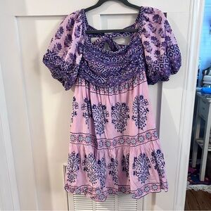 CELINA MOON Gardenia block print puff sleeve Geometric Pink and Purple Dress